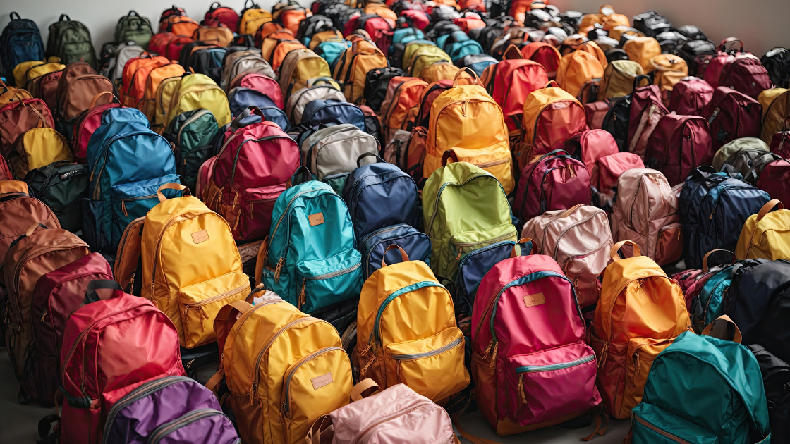 Multi-coloured student backpacks